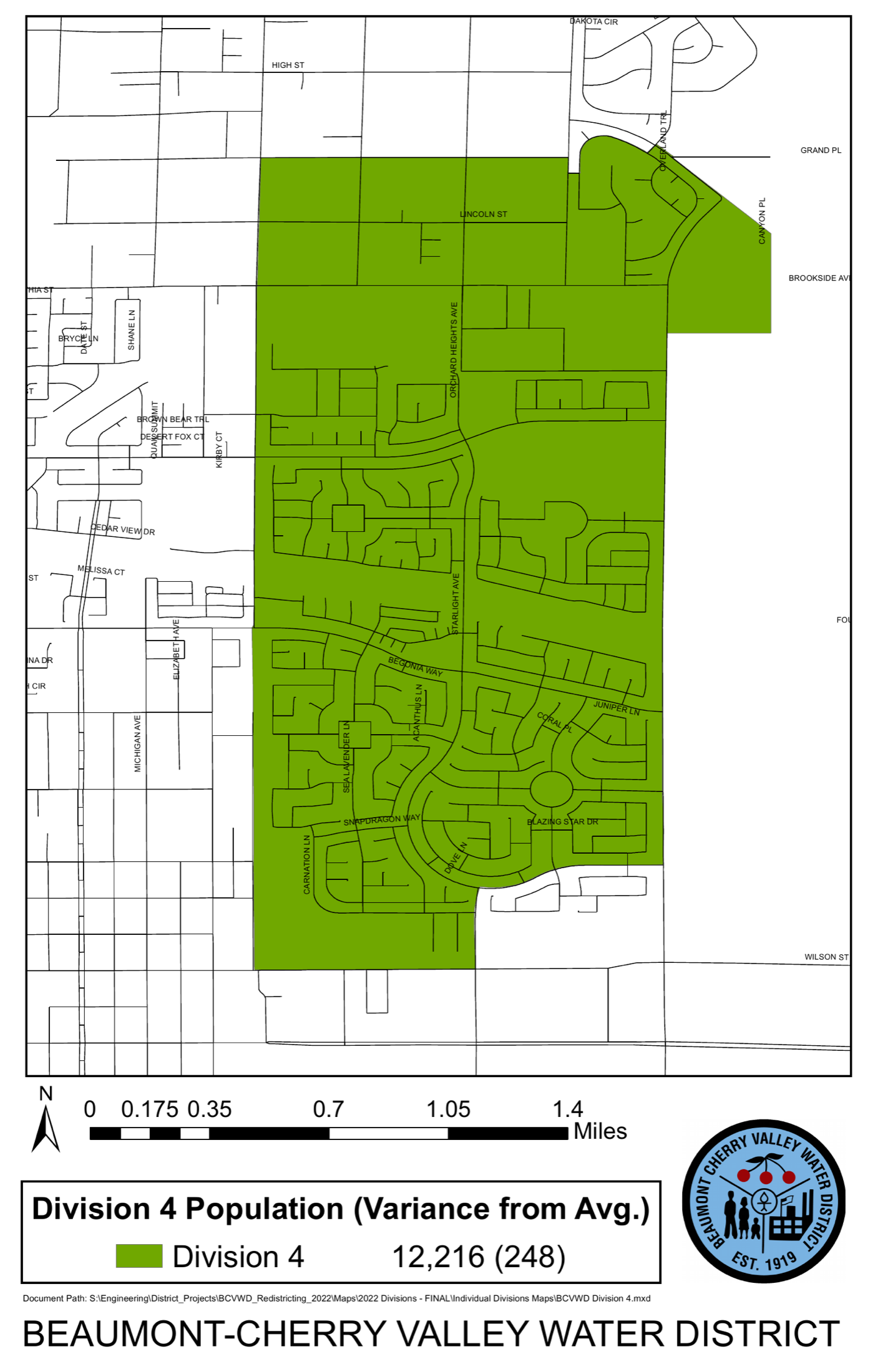 Official map highlighting Division 4 within the Beaumont-Cherry Valley Water District