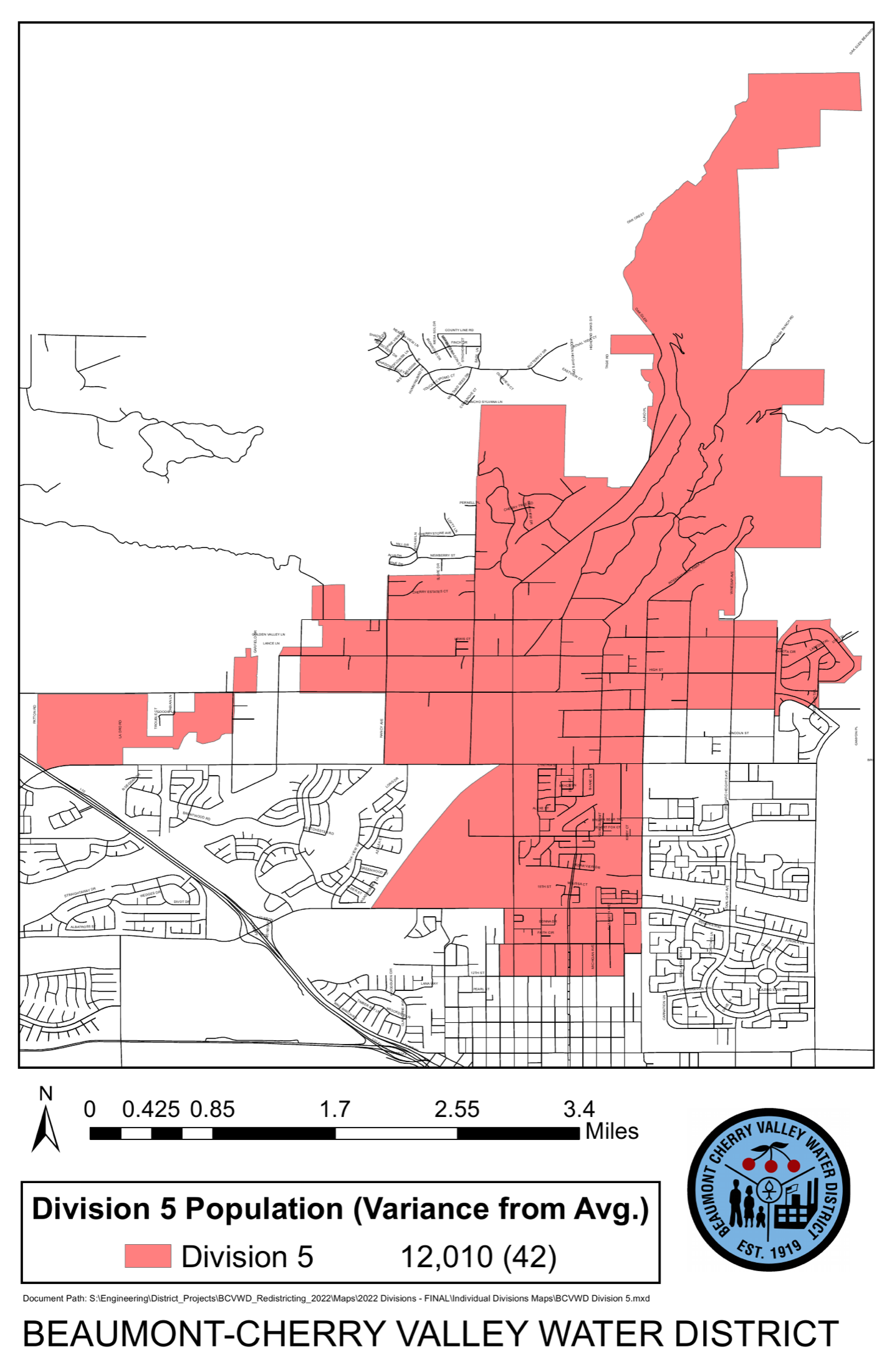 Official map highlighting Division 5 within the Beaumont-Cherry Valley Water District