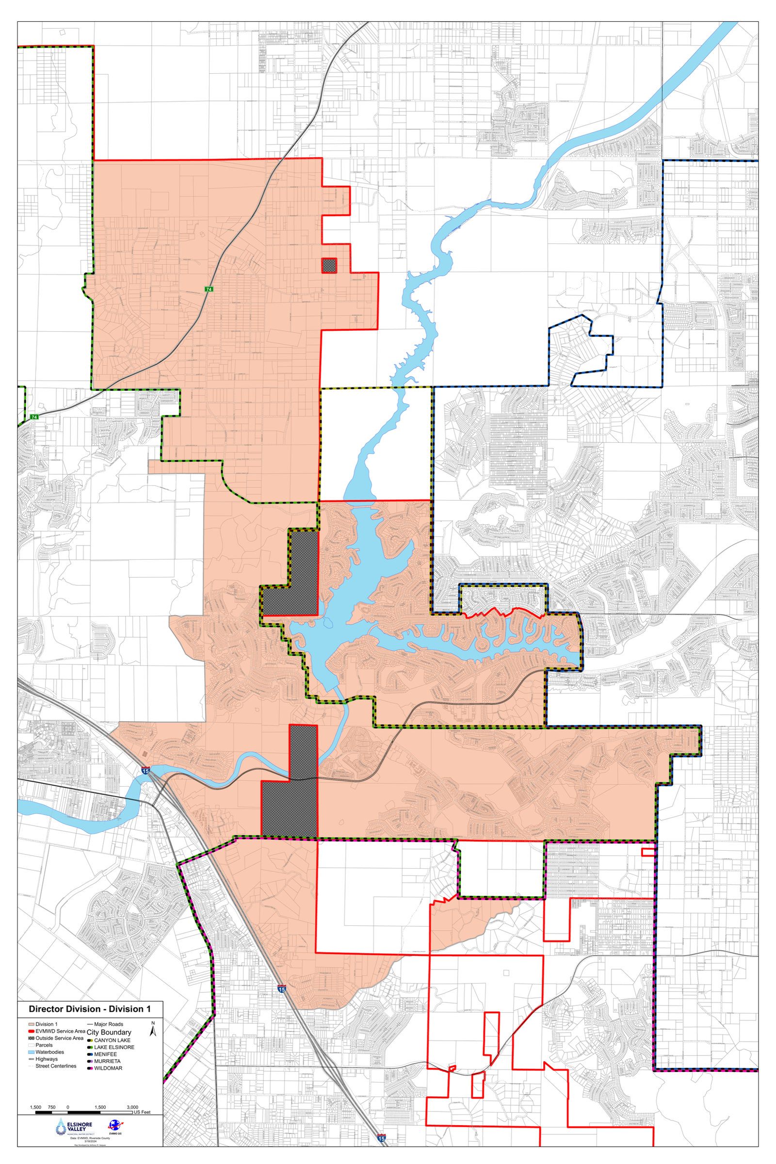 Official map highlighting Division 1 within the Elsinore Valley Municipal Water District