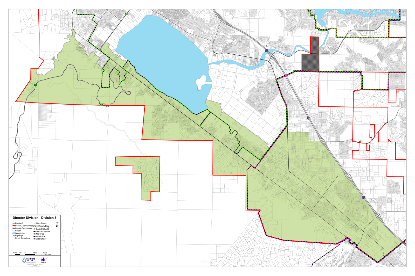 Official map highlighting Division 3 within the Elsinore Valley Municipal Water District
