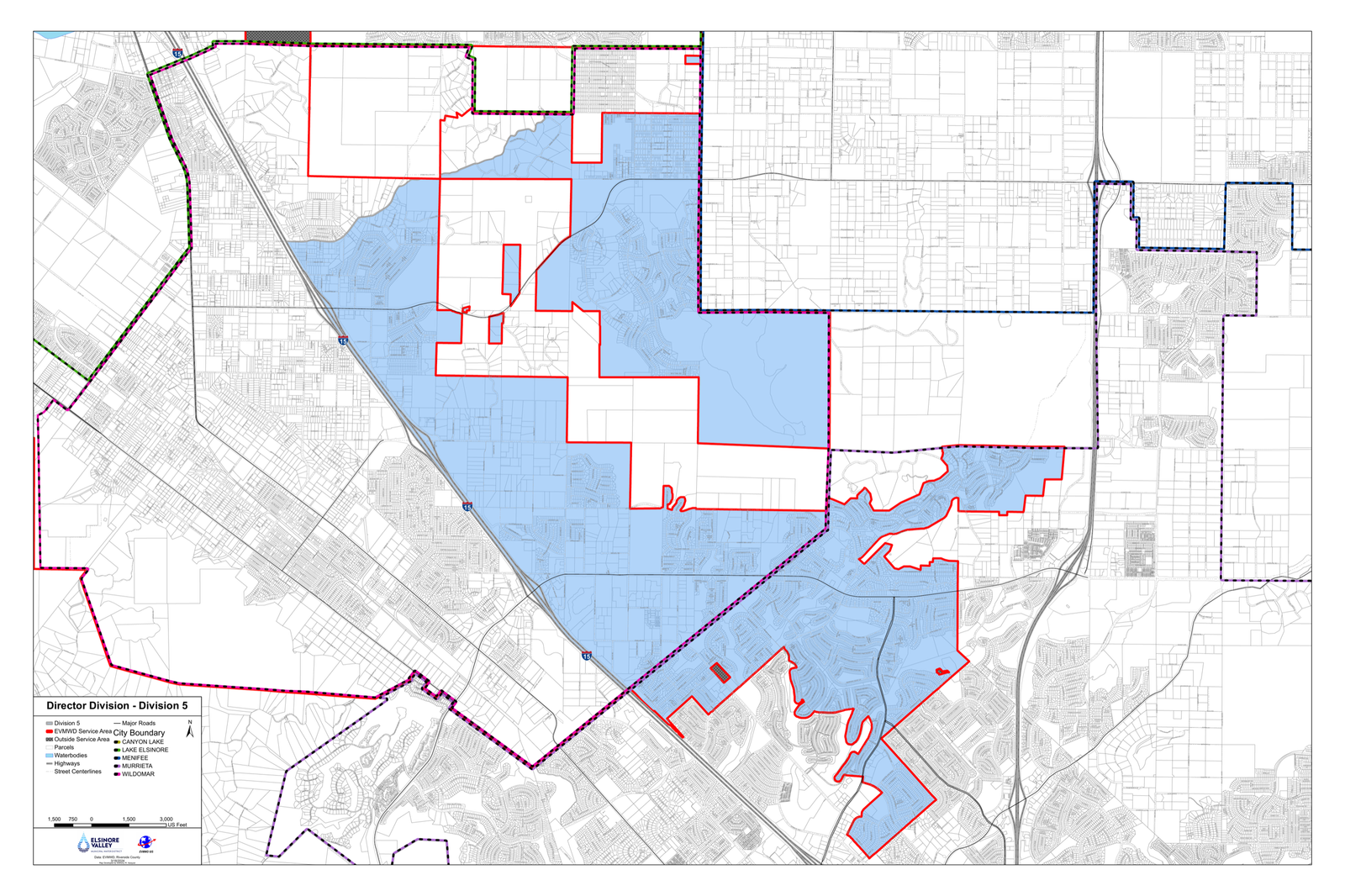 Official map highlighting Division 5 within the Elsinore Valley Municipal Water District