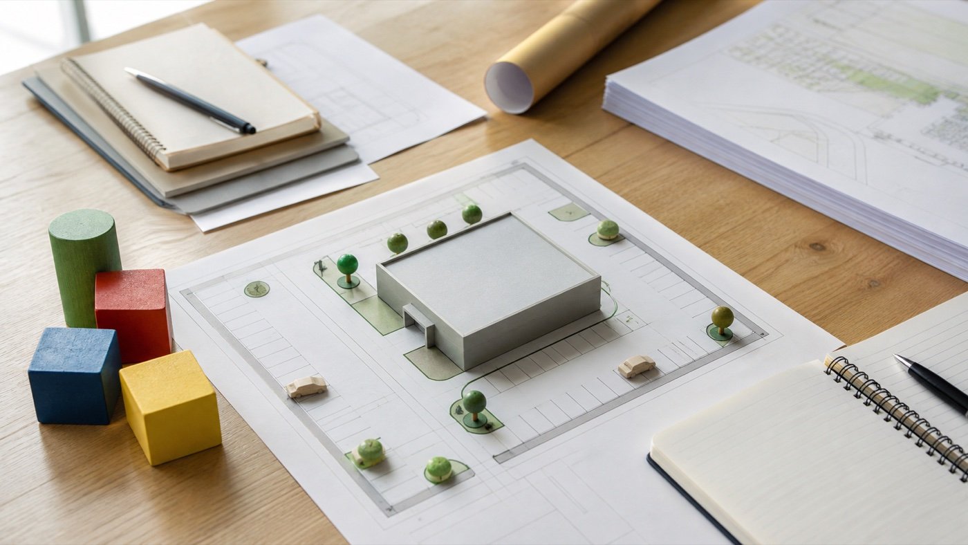 Editorial illustration of planning documents, a building model, and wooden blocks