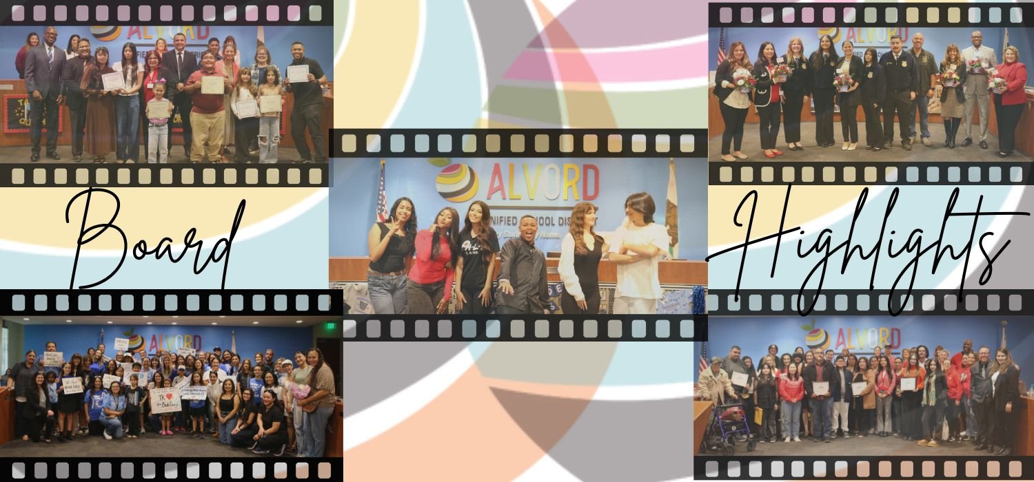 A collage of Alvord Unified board and community photographs.