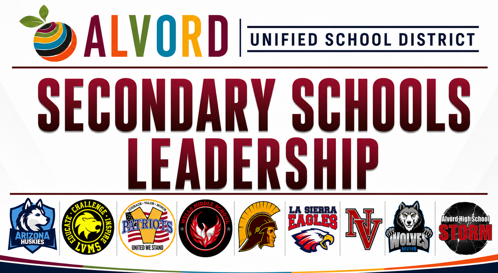 Alvord Unified Secondary Education leadership banner with school logos.