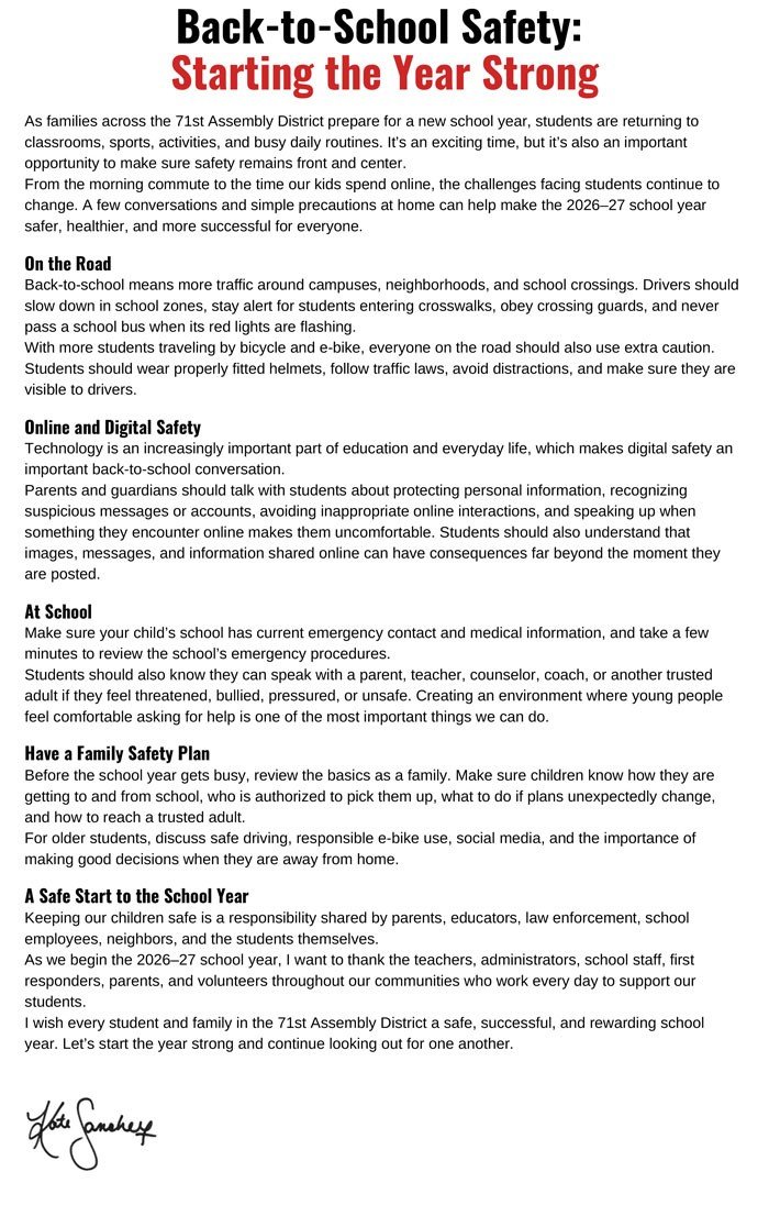 Graphic published with the office’s back-to-school safety update