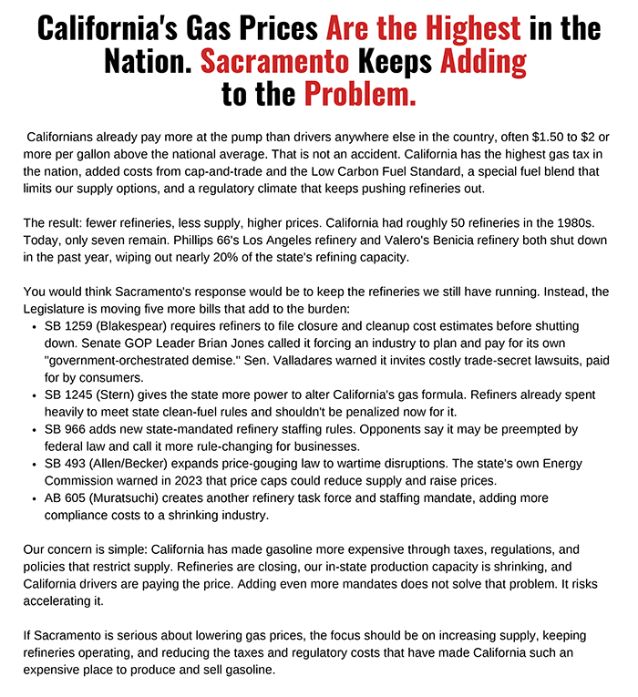 Graphic published with the office’s update about California gasoline prices