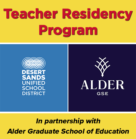 Desert Sands Unified School District and Alder teacher-residency announcement graphic.