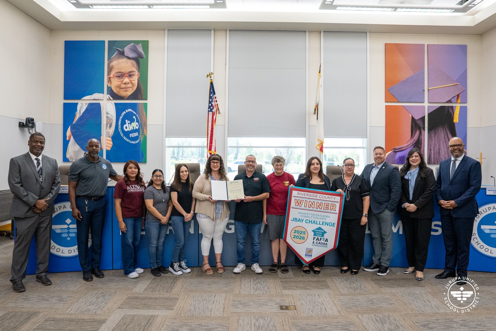 Jurupa Unified School District FAFSA completion recognition graphic.