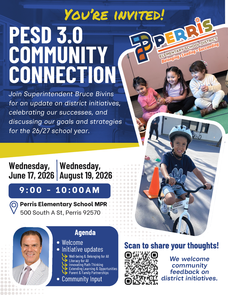 Perris Elementary flyer for an August 2026 community connection meeting.