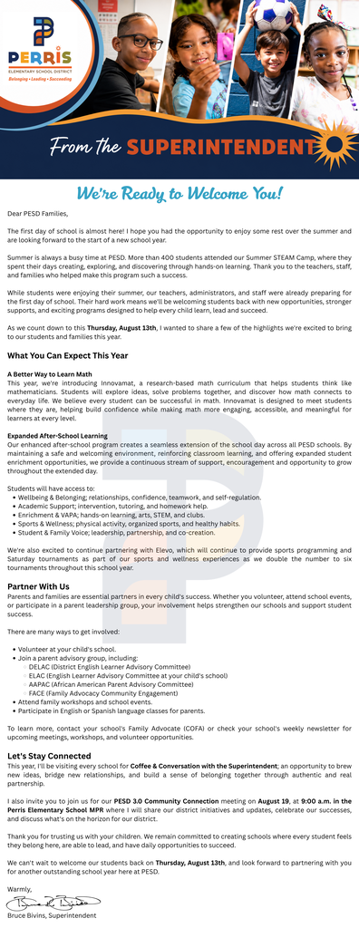 Perris Elementary superintendent welcome letter for the 2026–27 school year.