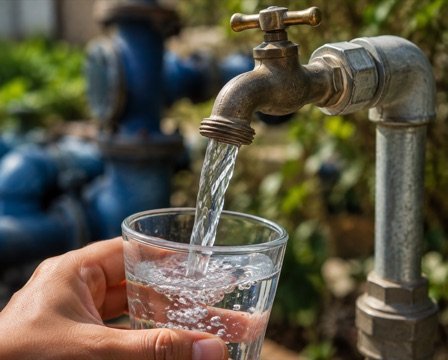 Generated illustration of clean water flowing from a tap into a glass.