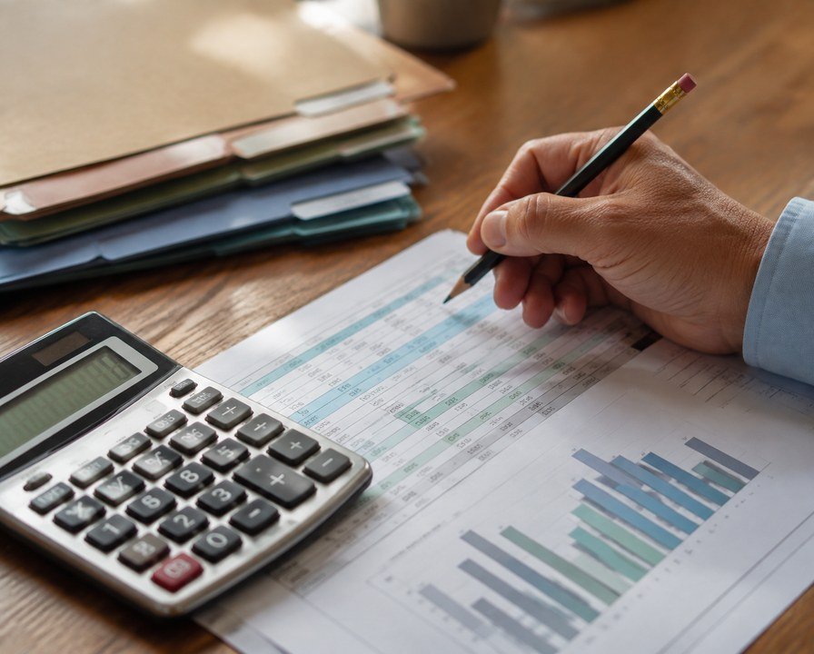 Generated photo illustration of a calculator and budget worksheets.
