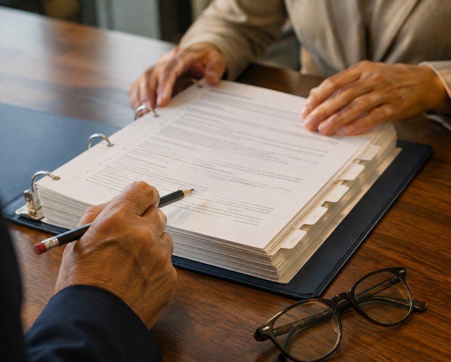 Generated photo illustration of a document binder being reviewed at a table.