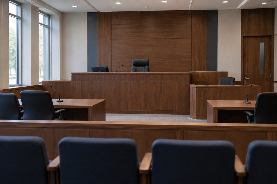 Generated photo illustration of an empty trial courtroom and judicial bench.