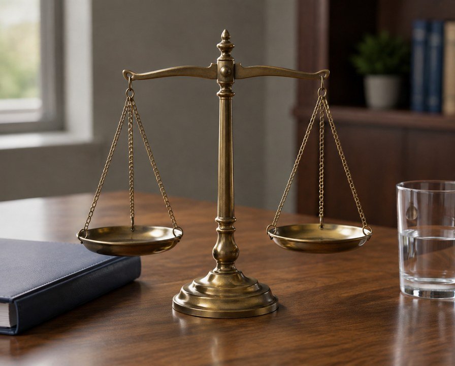 Generated photo illustration of brass scales beside a document binder.