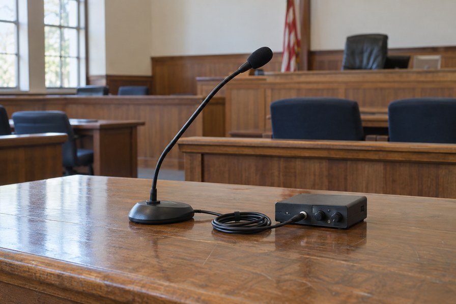 Generated photo illustration of a courtroom microphone and recording equipment.