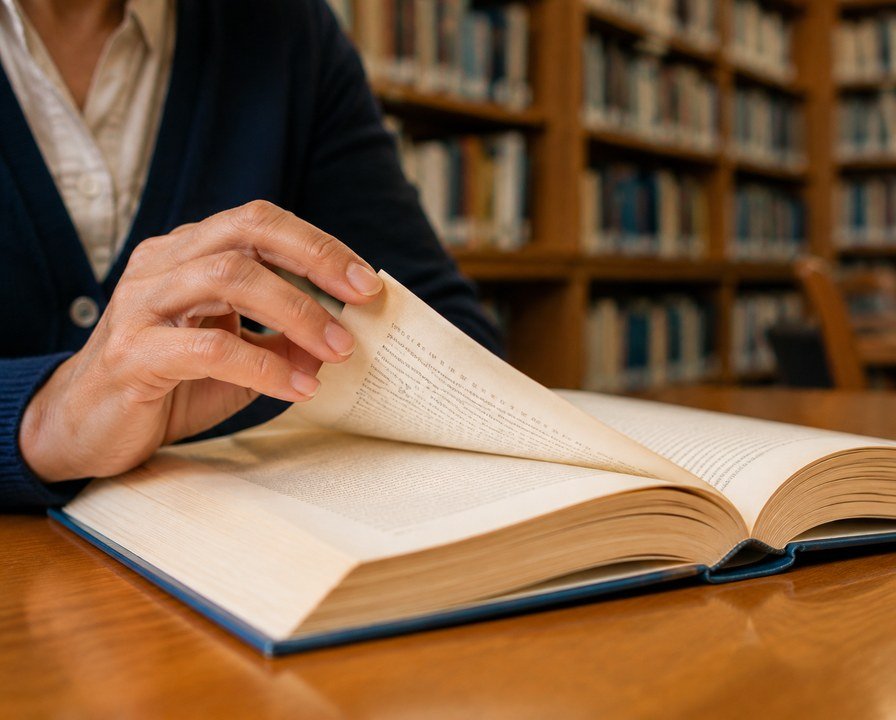 Generated photo illustration of an open reference book in a library.