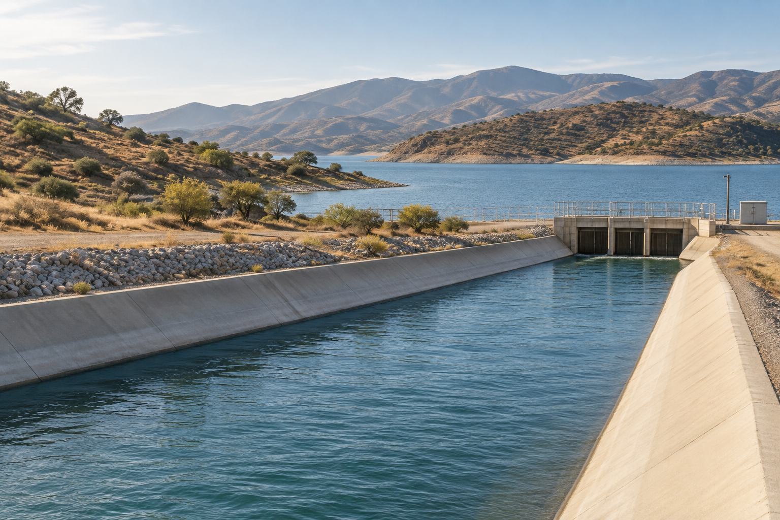 Generated illustration of a water-supply aqueduct and reservoir among dry hills.